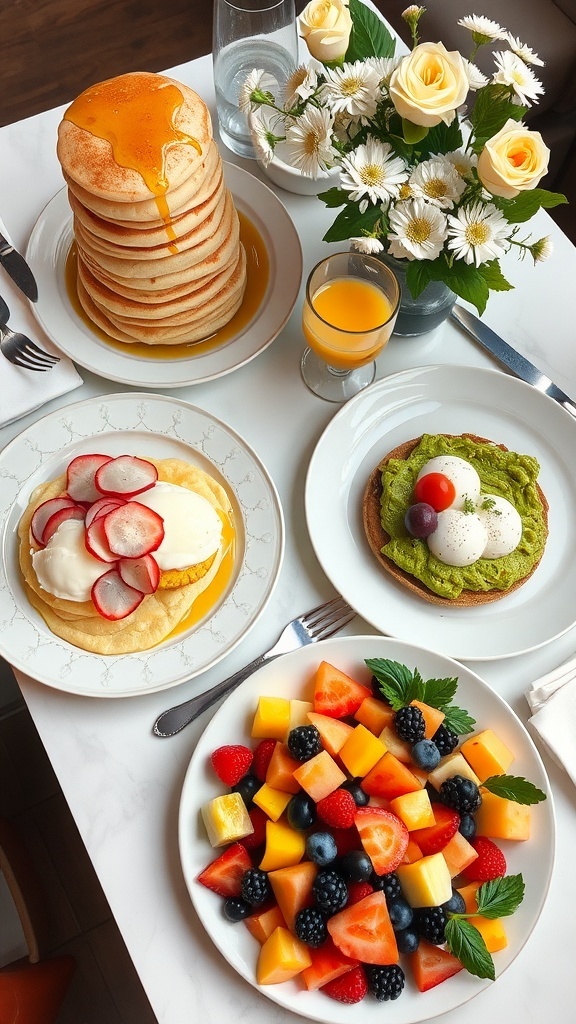 A brunch spread with pancakes, eggs benedict, avocado toast, and fruit salad on a decorated table.